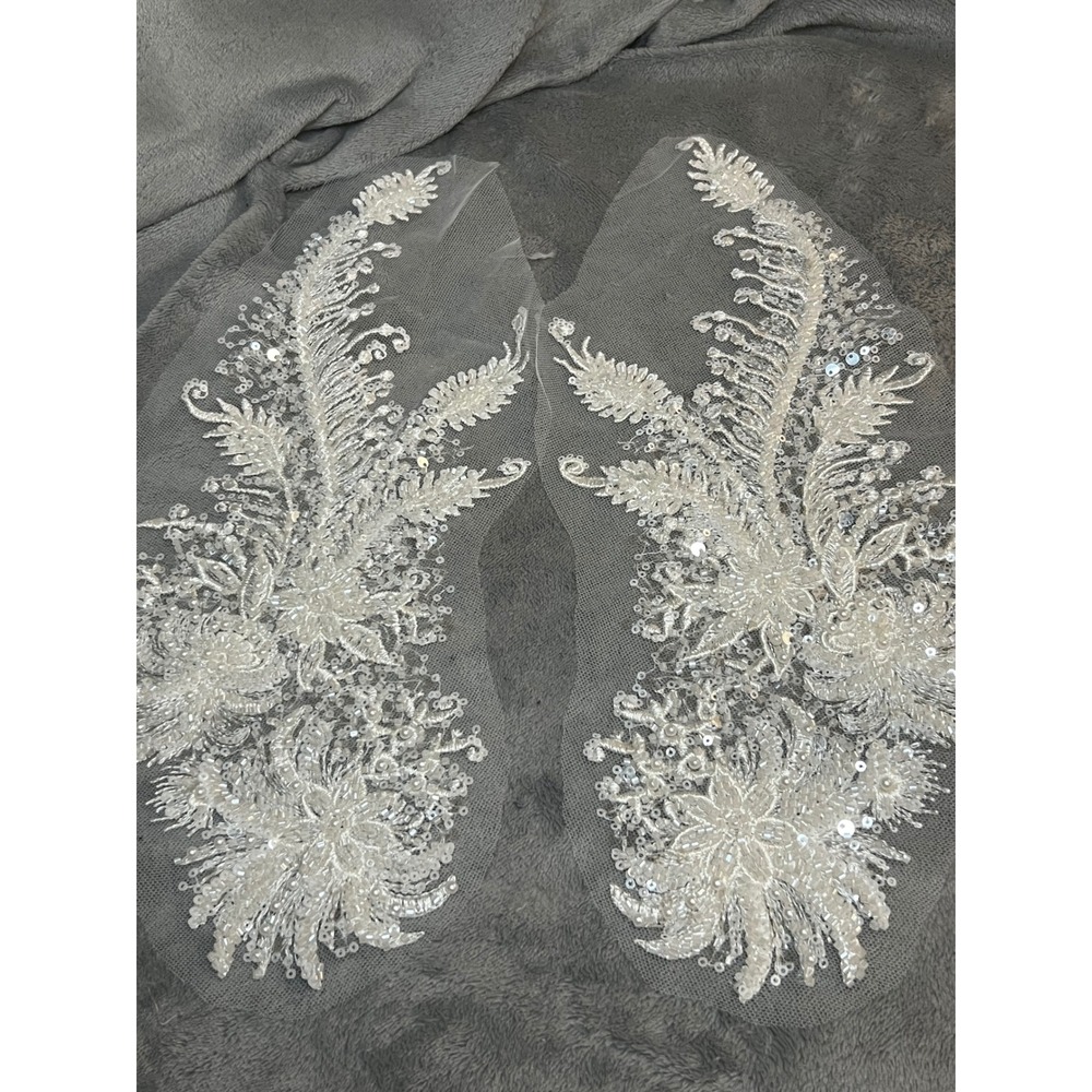 Pair Ivory Beaded Floral Lace Appliques Sequin Pearl Bridal Gown Trim 15"